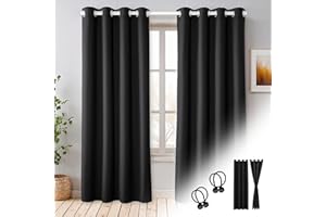 Cozyor Verdunklungsvorhänge Gardinen 2er Set mit Magnet-Raffhalter Thermogardine gegen Kälte 100% verdunkelnd, schwarz Eclipse, Gardine mit Ösen für Schlafzimmer, Wohnzimmer, Kinderzimmer 220x135 cm