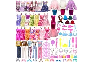 XERTEAM Juego de 64 piezas de ropa de muñeca y accesorios para Barbie, 1 vestido largo rojo 10 faldas con tirantes 1 capa, 10 perchas 18 accesorios para niñas, 1 bufanda 1 sombrero