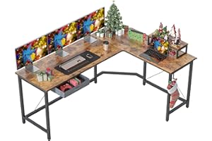 ‎CUBICUBI CubiCubi Gaming Tisch Eckschreibtisch 170 x 120 cm, Schreibtisch L Form mit Schublade und Monitorständer, Ecktisch Computertisch, Vintagebraun