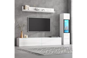 Merax Wohnwand 3-Teilig Set, Wohnzimmer Möbel Set, Hängend, 1x TV Lowboard, 1 x Hochschrank, 1x Wandboard, Wohnzimmermöbel Komplett, Elegante Schrankwand Mediawand mit LED-Licht, Viel Stauraum, Weiß