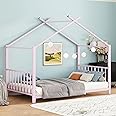 Twin Size Kids Montessori Floor Bed,House Bed Frame with High Headboard,Twin Floor Bed with Roof for Boys Girls,Floor Bed Metal Frame (Pink)