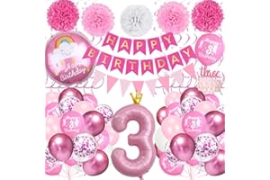 TOYTOPIE 3rd Birthday Decorations for Girls, Pink 3rd Party Balloons Set with Number 3 Balloon, Happy Birthday Banner, Cake Toppers, Rainow Foil Balloons for Girls 3 Years Party Decor