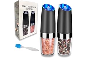 FINE LIFE PRO Molinillo de sal y pimienta, molinillo de pimienta eléctrico, juego de 2 unidades con luz LED azul, cristal, negro