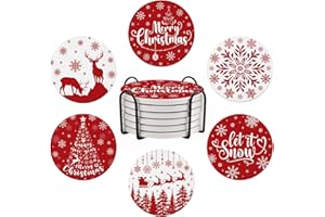 SHAEOTEK Christmas Red Coasters for Drinks, Reindeer Snowflakes Ceramic Coasters, Set of 6 Drink Coaster with Metal Holder, Absorbent Round Non-Slip Drink Coffee Bar Mug Cup Coaster Christmas Decoration Gifts