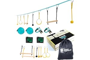 France Trampoline - Slackline et Parcours d’Obstacles pour Enfants – Parcours Ninja avec 7 Obstacles et Slackline de 15m - Jeu d'Extérieur pour Enfants et Adultes jusqu'à 110kg