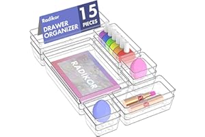 Radikor Organizer Cassetti 15 Pezzi, Organizer Trucchi Cassetti in Plastica Trasparente, 4 Dimensioni, Contenitori Cassetti per Bagno, Cucina, Trucchi, Scrivania