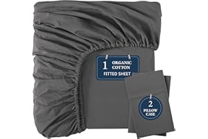 Lane Linen 100% Organic Cotton Fitted Sheet Double – Charcoal Grey Bottom Sheet with 2 Pillowcases, Soft & Breathable, 35 cm Deep Pocket, All-Around Elastic