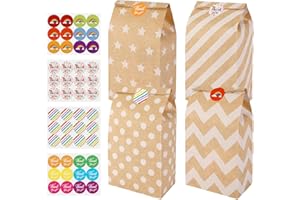 DENFATORY 20 bolsas de regalo de papel kraft con 48 pegatinas para cumpleaños infantiles, Navidad y regalos de fiesta, bolsas papel regalo, bolsa de chuches para cumpleaños