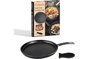 Tortillada - 26cm gril/poêle en fonte pré assaisonnée + support de poignée chaude + recettes E-Book 50 recettes de tortillas