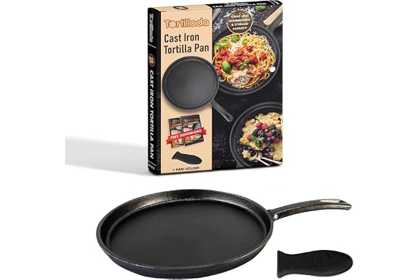 Tortillada - 26cm Förkryddad gjutjärnsgriddle/stekpanna i gjutjärn + Hållare för heta handtag + Recept e-bok 50 Tortilla recept