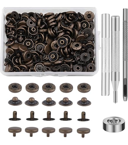 Benlay Set di 50 bottoni automatici in pelle, 10 mm, con 4 attrezzi per l'installazione, bottoni a pressione in pelle per cucire vestiti, borse e lavori fai da te (argento