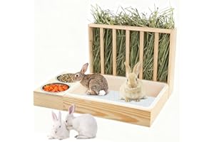 YSISLYBIN Mangiatoia Per Fieno Di Coniglio, Ruggine di Fieno in Legno con Lettiera E Ciotole Dispenser Cibo Coniglio Nano Supporto Alimentatore per Fieno per Cavia Roditori Piccoli
