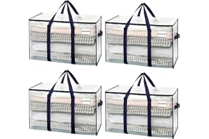 VENO Pack de 4 Bolsas de Almacenamiento para la Mudanza Extra Grande con Cremallera, Alternativa a Las Cajas para Mudanzas, Bolsa de Viaje con Bolsillo para Etiqueta (Transparente, Pack de 4)