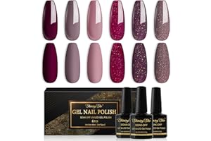 Shining She Nail Polishes, 6 Colours Purple Rose Brown Glitter Gel Polish Set Soak-Off UV/LED Nail Polish Gel Gift for Nail Art Salon DIY Home, 8ML