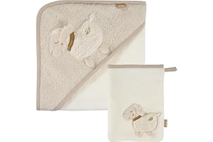 Fehn Bath Set Sheep Nature - Bath Set Towel & Wash Cloth Made of Cotton from Organic Cultivation - with Animal Motif for Happy Bathing Fun - for Babies and Toddlers from 0+ Months