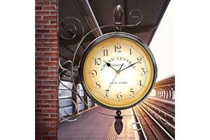 ConBlom Horloge de gare double face, au design rétro, fer forgé, ronde, pour la maison, nostalgie, noire, étanche, pour jardin, couloir, véranda, gare (A)