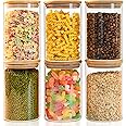 KEEP MASTER Set of 6 Round 1200ml kitchen storage containers set, glass jar for kitchen storage, glass jars with lid bamboo, Clear Glass Containers for Flour, Sugar, Coffee, Rice container, Candy jar