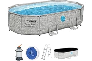 Bestway Power Steel Swim Vista Series Pool Kit Complet Ovale avec Filtre à Sable, échelle de sécurité et bâche 488 x 305 x 107 cm