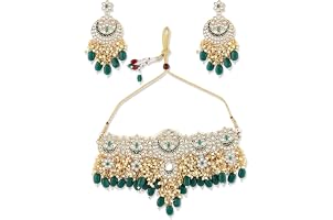 Zaveri Pearls Green Meenakari Bridal Choker Necklace Earring & Maangtikka Set For Women-ZPFK10497