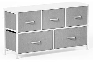 Xbro Cajonera de Tela, Cómoda de Tela, Cómoda con 5 Cajones de Tela, Armario de Almacenaje para Armarios, Cómoda con Tapa de Madera y Estructura de Metal para Dormitorio, Salón, Pasillo (Gris)