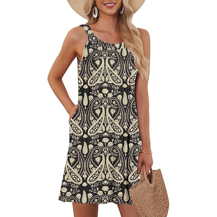 AUSELILY Dames Zomerjurken Mouwloze Damesjurk Ronde Hals Strandjurk Knoop Bloemen Midi Casual Jurk met Zakken Zwart XL
