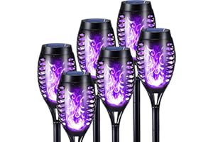Geemoo Lumiere Flamme Solaire Exterieure 6 Pack Etanche Lampe Torche Solaire, Lampes Solaires à Flamme Vacillante Violet pour Décoration Halloween Jardin, Patio, Chemins, Pelouse