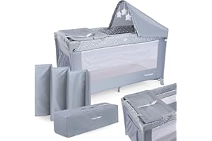 Moby-System Łóżeczko Turystyczne dla Dziecka, Składane, Kojec Podróżny, Dwa Poziomy Materaca, Daszek z Pluszowymi Zabawkami, Szare