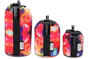 USA Gear FlexARMOR Objektivtasche, 3 Größen Neopren Objektivbeutel, In Kleinen, Mittleren und Großen Gehäusen Können Objektive bis zu 70-300 mm mit Kordelzugöffnung Aufbewahrt Werden - Geometrisch