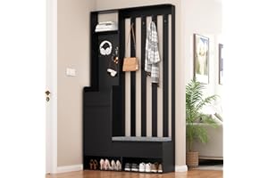 sogesfurniture Set de Guardarropa, Guardarropa de Pasillo con 4 Ganchos para Ropa, Banco de Zapatos con Cojín, 2 Cajones, Zapatero Multifuncional con Tablero Enchufable, para Área de Entrada, Negro