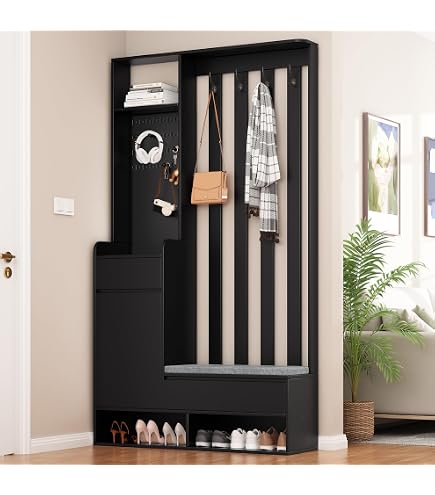 Appendiabiti Con Panca E Scarpiera Multifunzionale – 3 Ganci, 2 Ripiani Regolabili, Corridoio H190xL120xP40 Cm, Nero, Truciolato Resistente