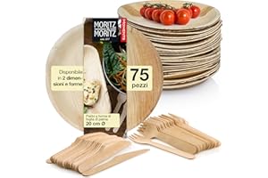 Moritz & Moritz Stoviglie rotonde in foglia di palma 75 pezzi - 25 piatti palma monouso - 25 posate bio monouso in legno - stoviglie biodegradabili in foglia di palma - alternativa ai piatti in bambu