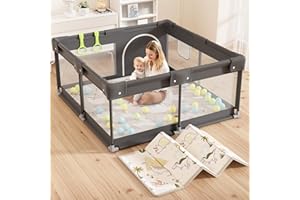 Lertantri Baby Playpen with Mattress, 120 x 120 cm, Small Baby Playpen with Zip Door, Playpen with Breathable Mesh on Four Sides and Suction Cups