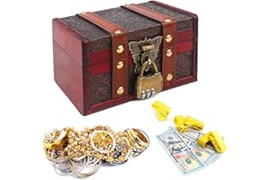 Erzekrim Cofre del Tesoro de Madera Vintage Cofre del Tesoro Caja de Almacenamiento Pirata Cajas de Madera Cofre Tesoro Aspecto Vintage con Candado para Almacenar y Decorar - 16 x 10 x 9 cm