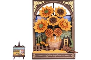 ROWOOD Drewniane puzzle 3D dla dorosłych i dzieci ze światłem LED, zestawy modeli kwiatów, wyświetlacz stołowy, sztuka ścienna, prezenty dla kobiet, mężczyzn, TH002, słonecznik