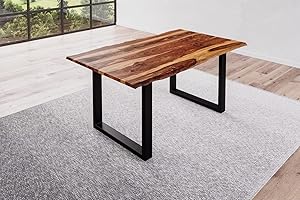 BETT11 SAM B-Ware Baumkantentisch 160x85cm Bria, Sheesham-Holz shinafarben lackiert, Esstisch mit echter Baumkante, massiver Esszimmertisch mit U-Gestell Mattschwarz, Tischplatte 26mm
