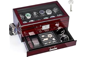 ANWBROAD 12 Slots Uhrenbox Herren Holz Watch Box 2-Tier Uhrenaufbewahrung mit Großem Glasdeckel Uhr Display Case Abschließbare Uhrenhalter Organizer für Geschenkable Fancy Uhrenhalter JWB001Y