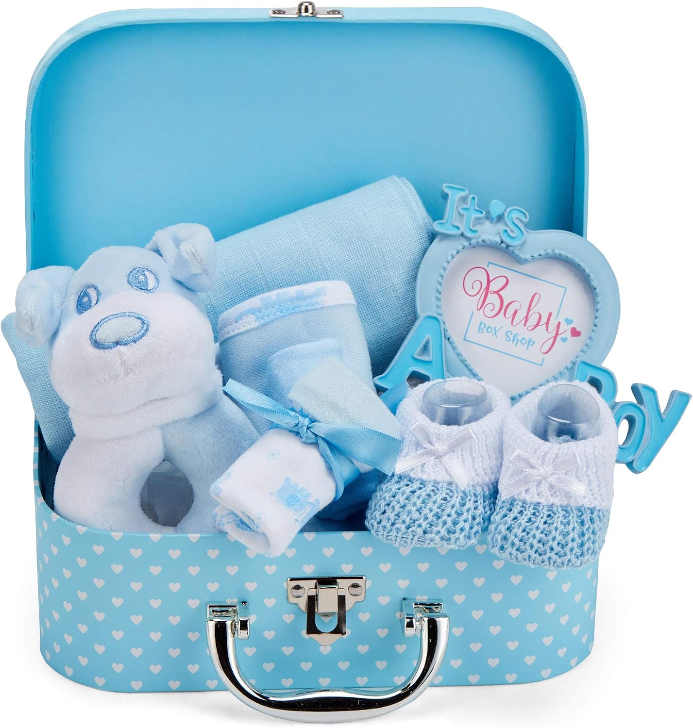 Baby Box Shop Newborn Baby Boy Gift Set Premium Gift-Ready Hamper with Rattle, Photo Frame, Muslin Cloth & Newborn Essentials in a Blue Keepsake Box - Ideal as Baby Shower Gifts for New Born Boys