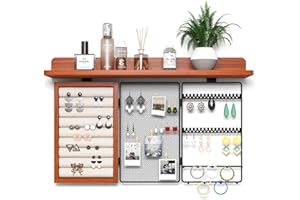 Caluself Porte Bijoux Mural avec grille pour boucles d'oreilles, anneau de rangement, support de collier, porte-bijoux mural, étagère murale rustique pour bijoux
