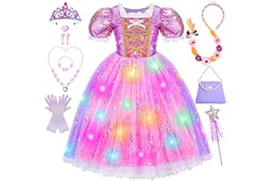 iKidiki LED Robe Princesse Fille Deguisement avec Accessoires de Baguette Magique Halloween Lumineux Carnaval Cosplay Fête D'anniversaire
