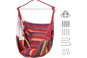 Goutime Schaukel Stuhl Große Hängematte Stuhl Weiche Baumwolle mit 2 Sitzkissen Kissen mit Tragetasche für Innen-/Außen-/Schlafzimmer Patio Garten Balkon,Maximale Tragfähigkeit 150KG(Rot)