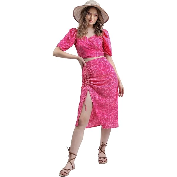 Buy FabAlley Polyester Navy Tropical Smocked Waist Crop Top and