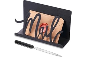 Jetec Mail Holder Cutout Metal Letter Holder Countertop Organizer Cutout Mail Lettering Design with Letter Opener for Home Office Envelope Bill Filling Paper Document Storage(Black Artistic Font)