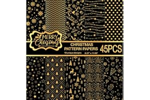 MIAHART Lot de 45 feuilles de papier à motifs Joyeux Noël 10 motifs Festival de papier artisanat décoratif double face pour la fabrication de cartes Scrapbook, format A4-noir et or