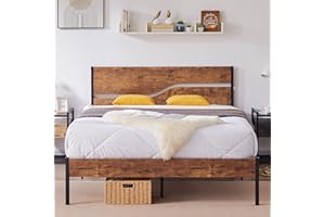 VECELO Platform Bed Frame Full Size with Rustic Vintage Wood Headboard, Mattress Foundation, Strong Metal Slats Support, No Box Spring Needed