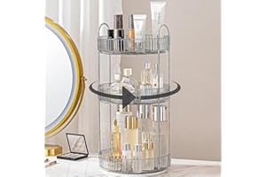 Bingobang Makeup Organiser 360 Rotating, Spinning 3 Tiers Skincare Cosmetic Organizer Acrylic Large, Tidy Storage Shelf for Perfume, Jewelery, Brush, Vanity Desk, Dresser, Bedroom, Bathroom (Grey)