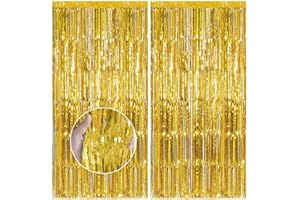 Feibmir 2 Pezzi Tende Frange Oro, Tende Party Metalliche Tinsel,Per Feste Di Compleanno Matrimonio Decorazioni Natalizie (1m x 2.5 m)