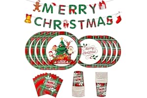 LATERN 114 Piezas Vajilla de Papel para Fiestas Navideñas, 24 x 9 Pulgadas Platos de Comida, 24 x 7 Pulgadas Platos de Ensalada, 24 x 270ml Tazas, 24 x Servilletas, 1 x Pancarta - para 24 Invitados