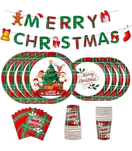 Kit Vaisselle Jetable Noël 69 Pièces - Assiettes, Tasses, Serviettes, Nappe Rouge/vert, Fêtes Familiales