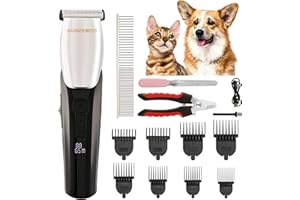 BarberBoss Tosatrice per cani, rasoio per cani - 8 accessori per pettine, design elegante con 4 velocità, 100% impermeabile, testina in ceramica, LED, cordless - Tagliacane e gatti, QR-9083