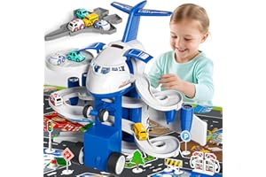 BLmukce Airplane Toy, Kids Race Track Car with Unique Spray Effect, Lights & Music, Friction Powered Wheel - Fun Educational Play Set for Boys and Girls Ages 3 4 5 6 Years Old (Blue)